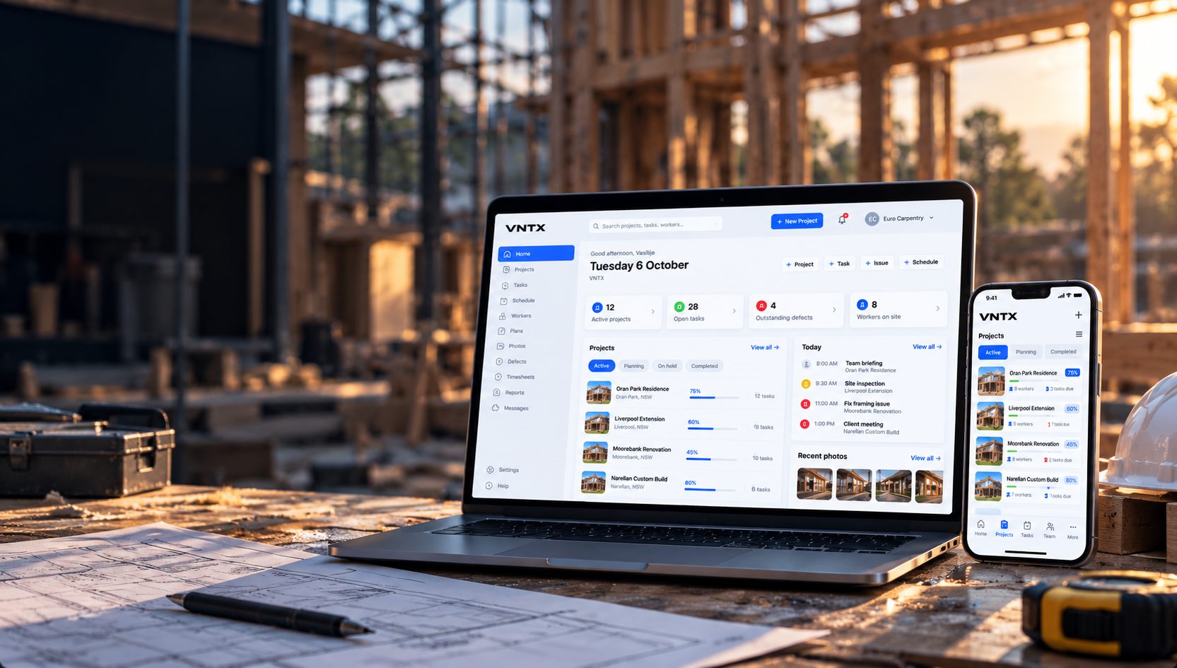 VNTX desktop and mobile project management interfaces