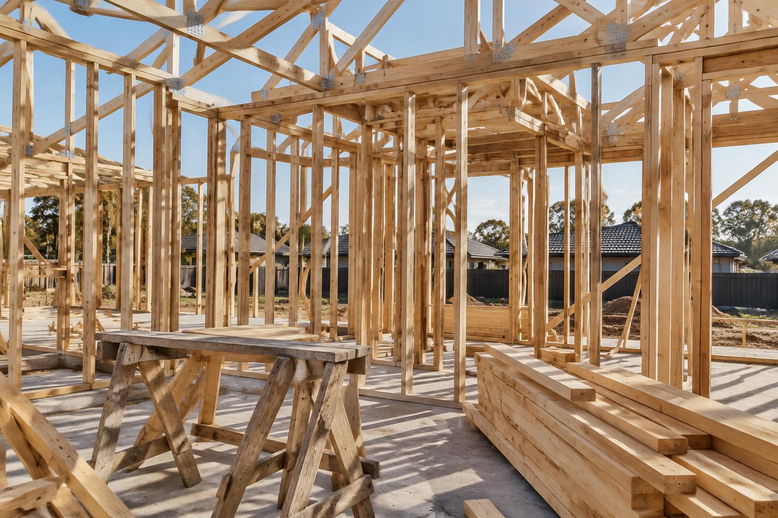 Timber wall framing and roof trusses on a residential construction site