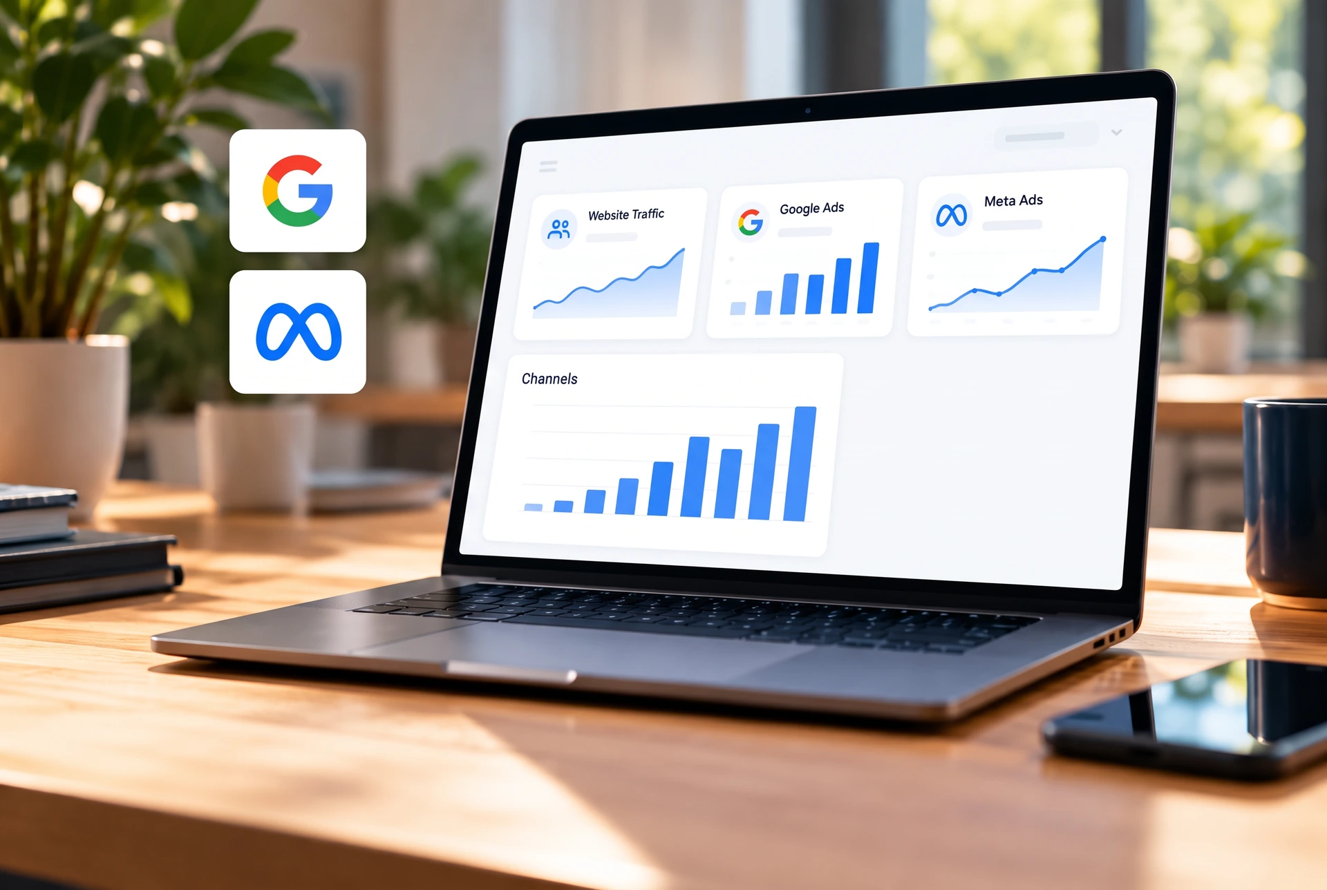 Sharp laptop displaying illustrative blue analytics charts on a warm desk, beside Google and Meta icons