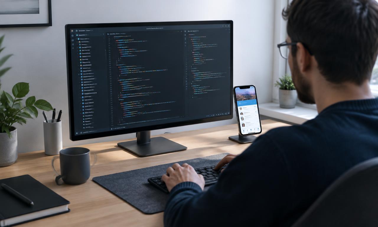 Developer building a desktop and mobile application at a workstation